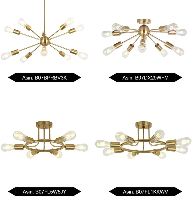 Alt view image 7 of 7 - Modern Sputnik Chandelier Lighting 10 Lights Brushed Brass Semi Flush Mount Ceiling Light Gold Mid Century Pendant Lighting By BONLICHT