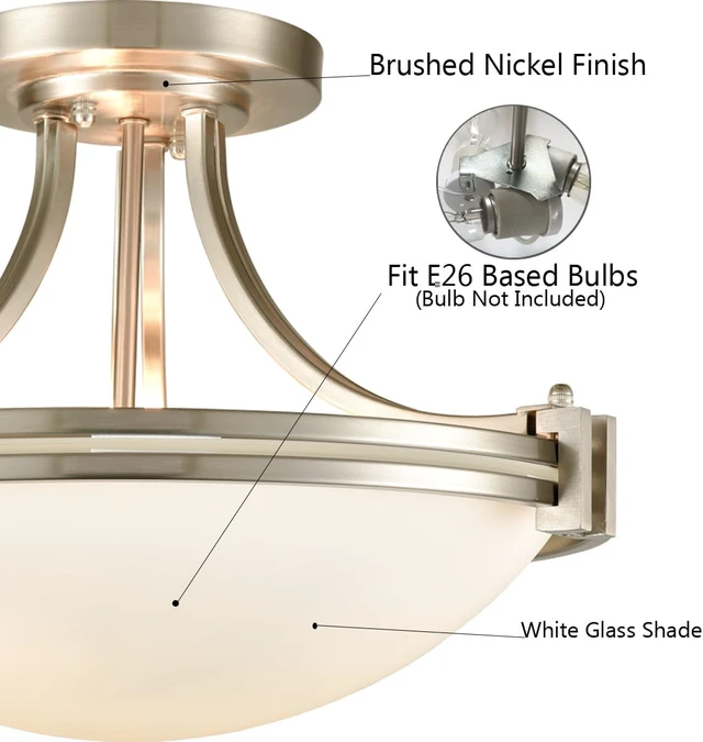 Alt view image 3 of 7 - SAMTEEN Brushed Nickel Semi Flush Mount Ceiling Light with Milk White Glass