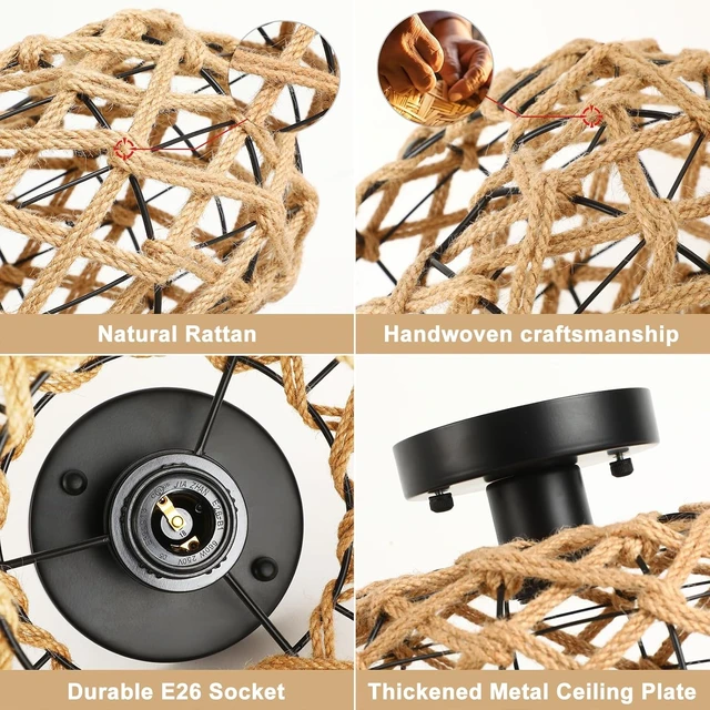 Alt view image 3 of 7 - foucasal Rattan Ceiling Light Fixtures, Woven Wicker Semi Flush Mount