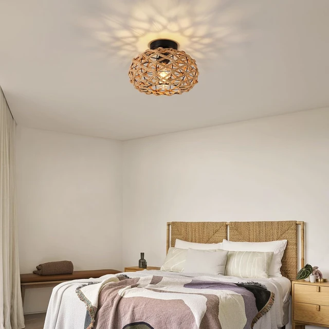 Alt view image 6 of 7 - foucasal Rattan Ceiling Light Fixtures, Woven Wicker Semi Flush Mount