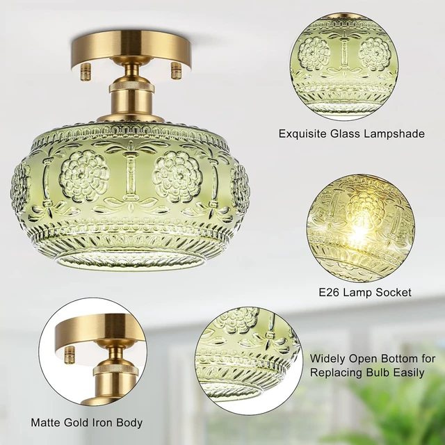 Alt view image 4 of 7 - Semi Flush Mount Ceiling Light Fixture - Brass & Gold Floral Design, Green Glass Shade, Vintage Modern Lighting for Kitchen, Bathroom, Entryway (Bulb Not Included)