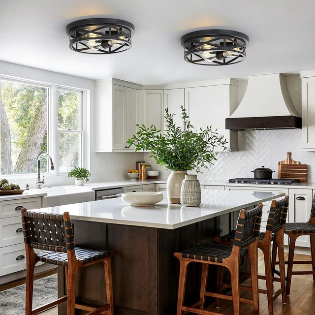 Alt view image 2 of 7 - 13 Inch Black Farmhouse Close to Ceiling Lights, Farmhouse Metal Cage Flush Mount Ceiling Light 3-Lights, Black Industrial Semi Flush Mount Ceiling Light for House Hallway Kitchen Bedroom