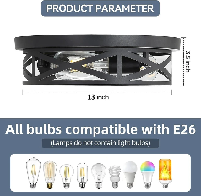 Alt view image 3 of 7 - 13 Inch Black Farmhouse Close to Ceiling Lights, Farmhouse Metal Cage Flush Mount Ceiling Light 3-Lights, Black Industrial Semi Flush Mount Ceiling Light for House Hallway Kitchen Bedroom