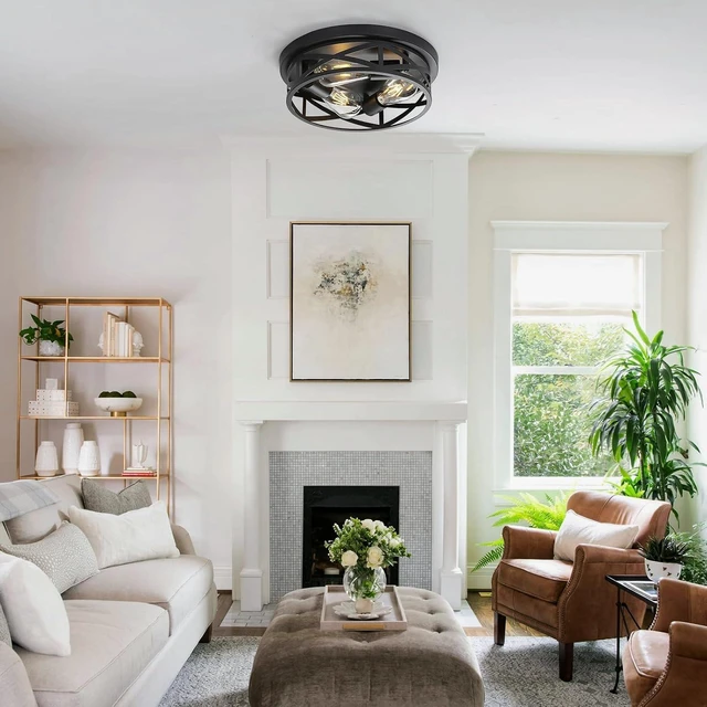 Alt view image 5 of 7 - 13 Inch Black Farmhouse Close to Ceiling Lights, Farmhouse Metal Cage Flush Mount Ceiling Light 3-Lights, Black Industrial Semi Flush Mount Ceiling Light for House Hallway Kitchen Bedroom