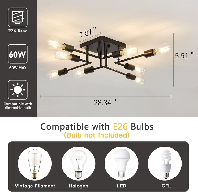 Alt view image 3 of 6 - ASGYISA 8-Lights Semi Flush Mount Ceiling Light Fixture Modern Metal Black Sputnik Chandeliers with E26 Bulb Base Close to Ceiling Light for Kitchen Dining Room Living Room Hallway Bedroom