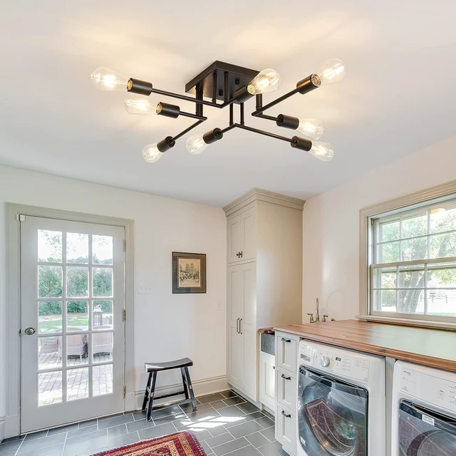 Alt view image 2 of 6 - ASGYISA 8-Lights Semi Flush Mount Ceiling Light Fixture Modern Metal Black Sputnik Chandeliers with E26 Bulb Base Close to Ceiling Light for Kitchen Dining Room Living Room Hallway Bedroom