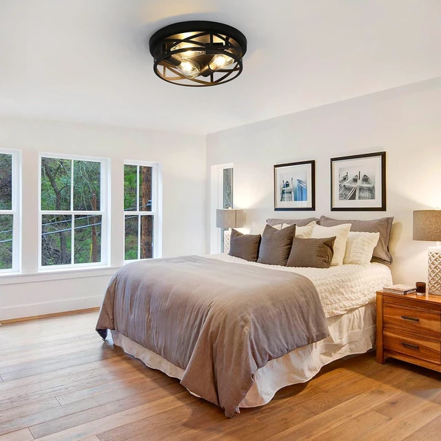 Alt view image 7 of 7 - 13 Inch Black Farmhouse Close to Ceiling Lights, Farmhouse Metal Cage Flush Mount Ceiling Light 3-Lights, Black Industrial Semi Flush Mount Ceiling Light for House Hallway Kitchen Bedroom