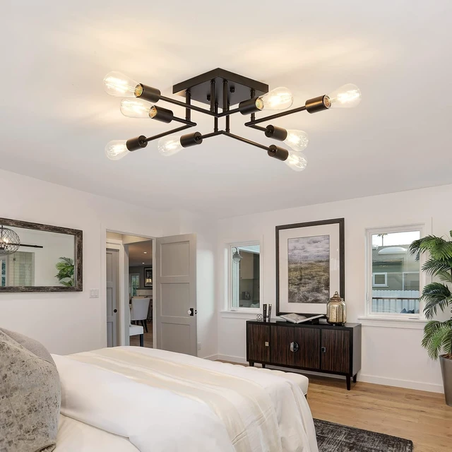 Alt view image 6 of 6 - ASGYISA 8-Lights Semi Flush Mount Ceiling Light Fixture Modern Metal Black Sputnik Chandeliers with E26 Bulb Base Close to Ceiling Light for Kitchen Dining Room Living Room Hallway Bedroom