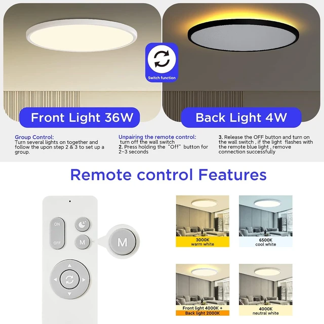 Alt view image 3 of 7 - ocioc 18inch Flush Mount Ceiling Light Fixture with Remote Control, 40W, 2000K Nightlight, 3000K-6500K Color Changeable, LED Ceiling Light for Living Room/Bedroom/Kitchen White