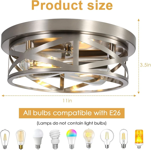 Alt view image 3 of 7 - Close to Ceiling Light Fixtures, 2-Light Brushed Nickle Flush Mount Ceiling Light, 11 Inch Metal Cage Cross Modern Indoor House Ceiling Lights for Kitchen Bedroom Living Room Foyer Hallway Office