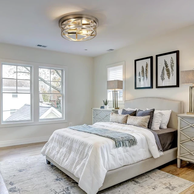 Alt view image 4 of 7 - Close to Ceiling Light Fixtures, 2-Light Brushed Nickle Flush Mount Ceiling Light, 11 Inch Metal Cage Cross Modern Indoor House Ceiling Lights for Kitchen Bedroom Living Room Foyer Hallway Office