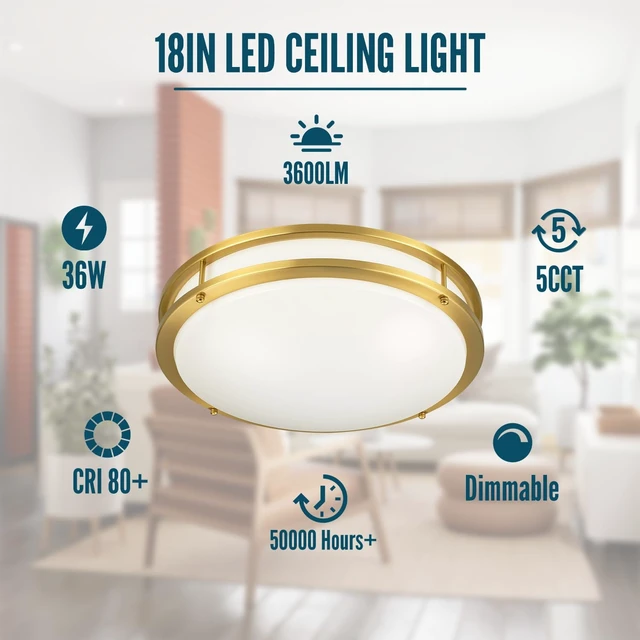 Alt view image 2 of 7 - 18 inch Ceiling Light Fixture Flush Mount Gold, 36W Large Living Room Ceiling Light LED, Dimmable Kitchen Lighting Fixture for Bedroom, Bathroom, Living Room