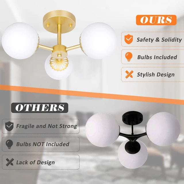 Alt view image 5 of 7 - 3 Lights Gold Semi Flush Mount Ceiling Light Mid Century Modern Light