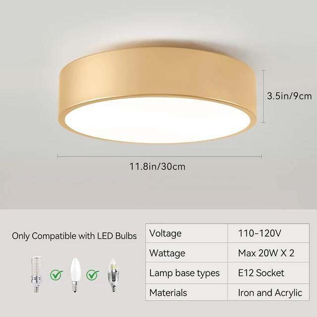 Alt view image 3 of 7 - 11.8" Gold Flush Mount Ceiling Light,2-Light Ceiling Lamp