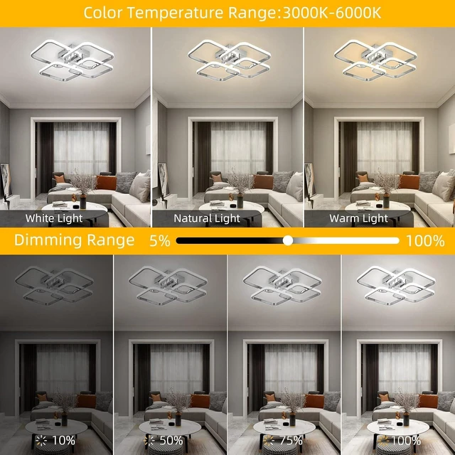 Alt view image 3 of 7 - CANEOE Dimmable Modern Led Ceiling Light, 4 Rings Square Ceiling Lamp with Remote Control, 48W Chrome Acrylic Ceiling Lighting Fixture for Living Room Dining Room Kitchen Office Lamps