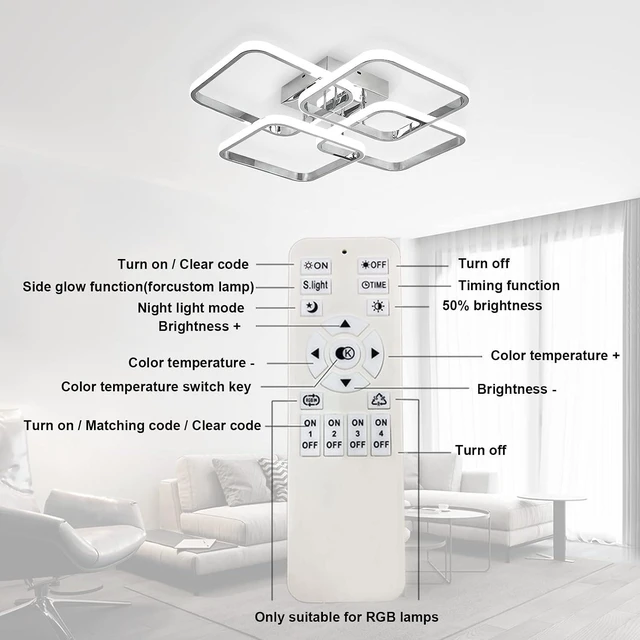 Alt view image 4 of 7 - CANEOE Dimmable Modern Led Ceiling Light, 4 Rings Square Ceiling Lamp with Remote Control, 48W Chrome Acrylic Ceiling Lighting Fixture for Living Room Dining Room Kitchen Office Lamps