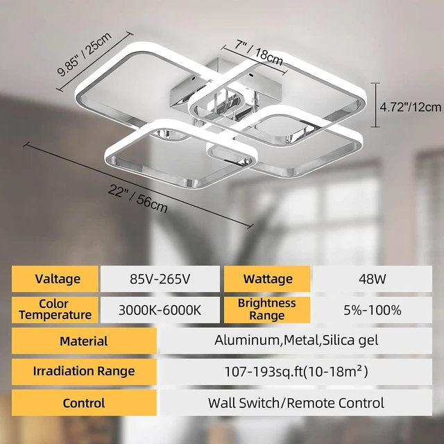 Alt view image 5 of 7 - CANEOE Dimmable Modern Led Ceiling Light, 4 Rings Square Ceiling Lamp with Remote Control, 48W Chrome Acrylic Ceiling Lighting Fixture for Living Room Dining Room Kitchen Office Lamps