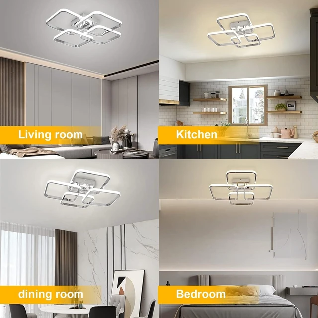 Alt view image 6 of 7 - CANEOE Dimmable Modern Led Ceiling Light, 4 Rings Square Ceiling Lamp with Remote Control, 48W Chrome Acrylic Ceiling Lighting Fixture for Living Room Dining Room Kitchen Office Lamps