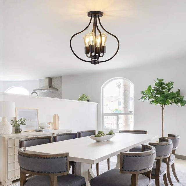 Alt view image 3 of 7 - 4-Light Farmhouse Semi Flush Mount Ceiling Light, Black Light Fixture,Modern Industrial Flush Mount Chandelier for Kitchen Island Dining Room Bedroom Living Room Foyer Hallway Entryway