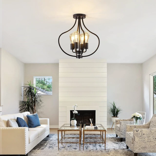 Alt view image 5 of 7 - 4-Light Farmhouse Semi Flush Mount Ceiling Light, Black Light Fixture,Modern Industrial Flush Mount Chandelier for Kitchen Island Dining Room Bedroom Living Room Foyer Hallway Entryway