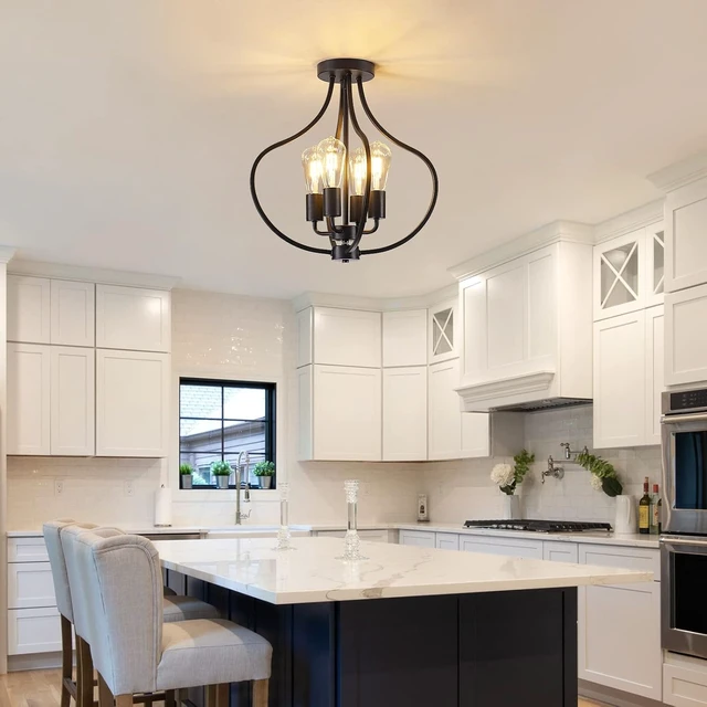 Alt view image 2 of 7 - 4-Light Farmhouse Semi Flush Mount Ceiling Light, Black Light Fixture,Modern Industrial Flush Mount Chandelier for Kitchen Island Dining Room Bedroom Living Room Foyer Hallway Entryway