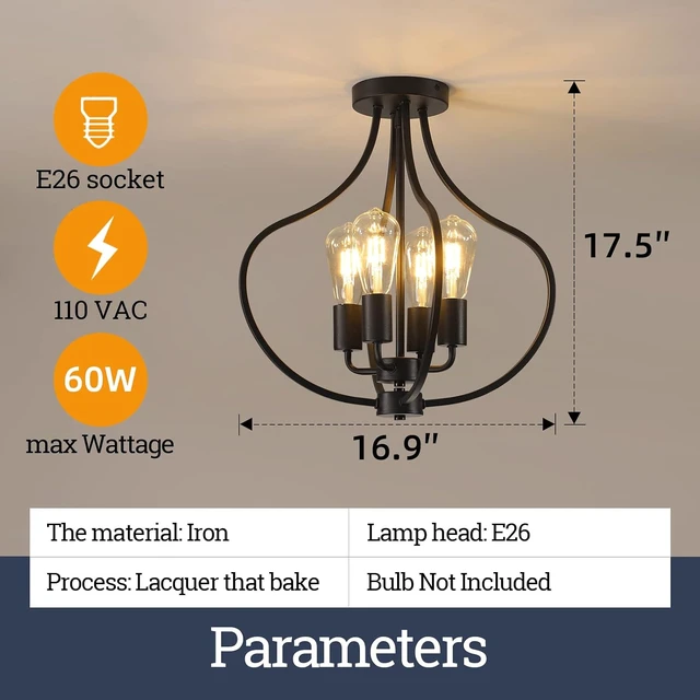 Alt view image 7 of 7 - 4-Light Farmhouse Semi Flush Mount Ceiling Light, Black Light Fixture,Modern Industrial Flush Mount Chandelier for Kitchen Island Dining Room Bedroom Living Room Foyer Hallway Entryway