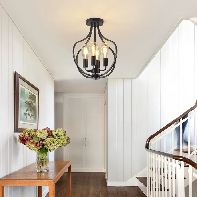 Alt view image 6 of 7 - 4-Light Farmhouse Semi Flush Mount Ceiling Light, Black Light Fixture,Modern Industrial Flush Mount Chandelier for Kitchen Island Dining Room Bedroom Living Room Foyer Hallway Entryway