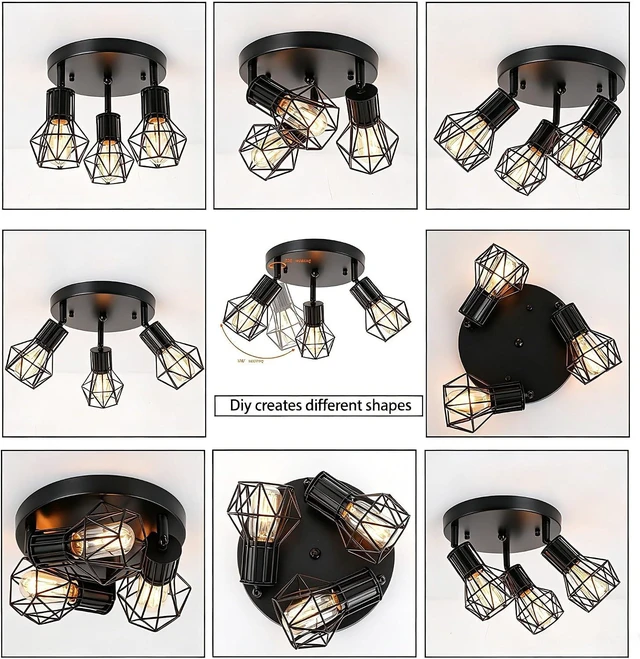 Alt view image 6 of 7 - 3-Light Flush Mount Ceiling Light Fixture, Industrial Kitchen Light Fixtures Ceiling, E26 Black Farmhouse Ceiling Light Fixture Black for Dining Room Hallway Entryway