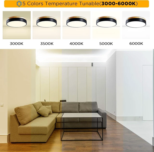 Alt view image 2 of 7 - Dimmable LED Wood Flush Mount Ceiling Light Fixture 3000-6000K Tunnable 12 Inch, 24W Modern Close to Ceiling Light, Bedroom Light for Kitchen, Hallway, Black, Type B 5CCT