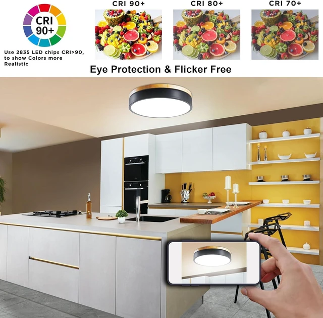 Alt view image 4 of 7 - Dimmable LED Wood Flush Mount Ceiling Light Fixture 3000-6000K Tunnable 12 Inch, 24W Modern Close to Ceiling Light, Bedroom Light for Kitchen, Hallway, Black, Type B 5CCT