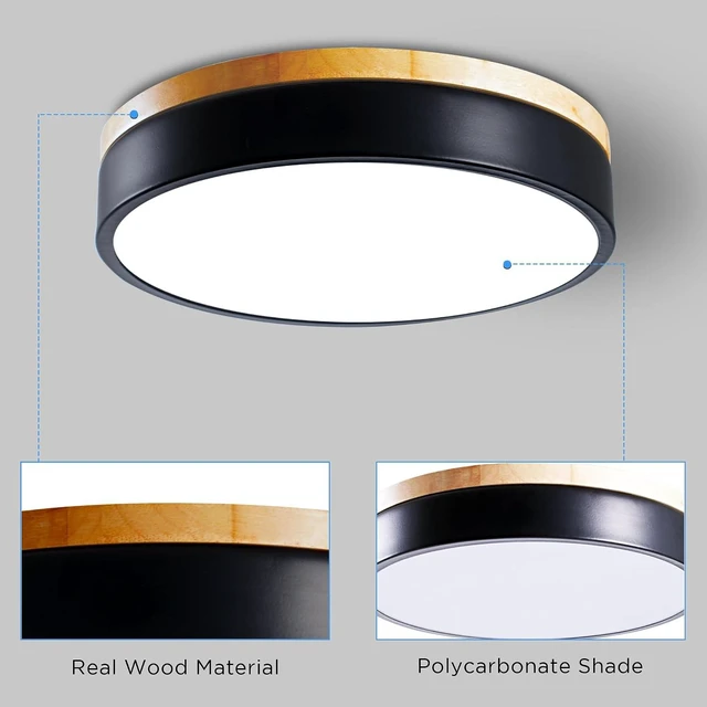 Alt view image 5 of 7 - Dimmable LED Wood Flush Mount Ceiling Light Fixture 3000-6000K Tunnable 12 Inch, 24W Modern Close to Ceiling Light, Bedroom Light for Kitchen, Hallway, Black, Type B 5CCT