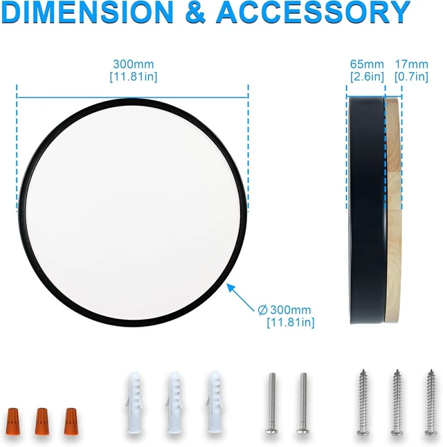 Alt view image 7 of 7 - Dimmable LED Wood Flush Mount Ceiling Light Fixture 3000-6000K Tunnable 12 Inch, 24W Modern Close to Ceiling Light, Bedroom Light for Kitchen, Hallway, Black, Type B 5CCT