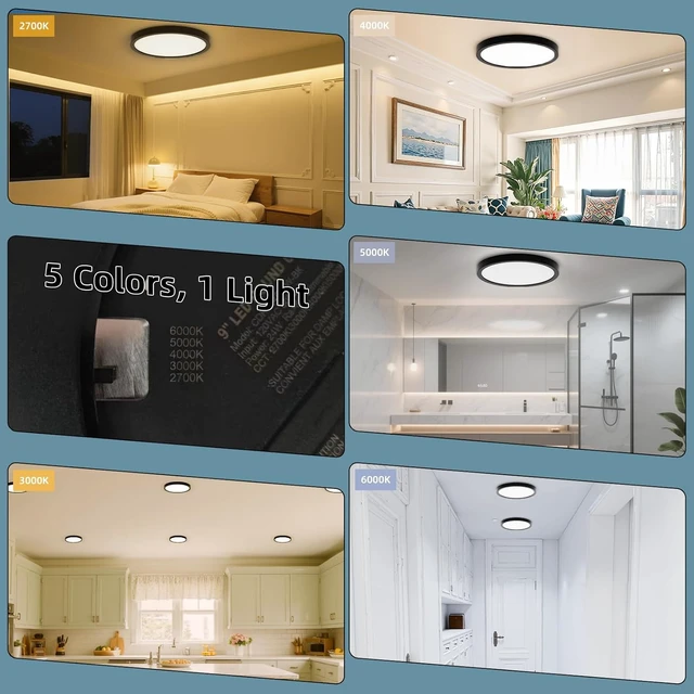 Alt view image 3 of 7 - TOPELER Black Slim LED Surface Mount Ceiling Light, 9inch Dimmable Round Flat Panel Lights, 24W 2000Lm, 5CCT Selectable Low Profile Ceiling Light Fixtures for Hallway, Kitchen, Porch, 2 Pack