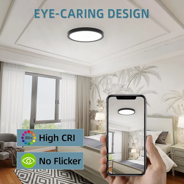 Alt view image 5 of 7 - TOPELER Black Slim LED Surface Mount Ceiling Light, 9inch Dimmable Round Flat Panel Lights, 24W 2000Lm, 5CCT Selectable Low Profile Ceiling Light Fixtures for Hallway, Kitchen, Porch, 2 Pack