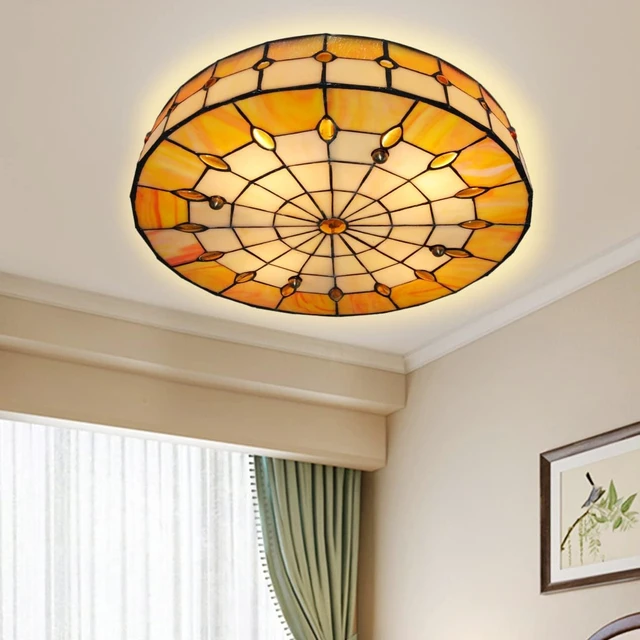 Alt view image 4 of 7 - Fandian 16 Vintage Style Ceiling Light Fixture, Vintage Flush Mount Stained Glass Chandelier Decorative Lighting Lamp 3-Lights for Living/Bedroom,Entryway