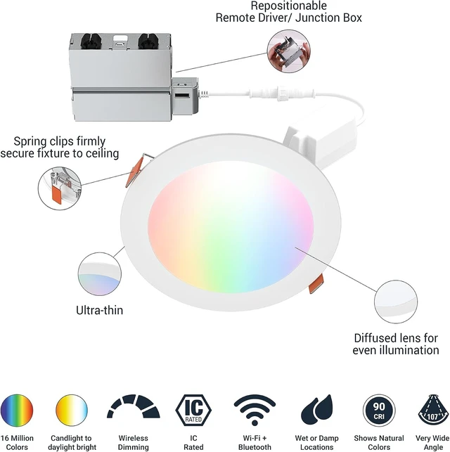 Alt view image 2 of 7 - HALO HLB LED Recessed Lighting 6 in Smart Wi-Fi RGBWW Canless ceiling Light