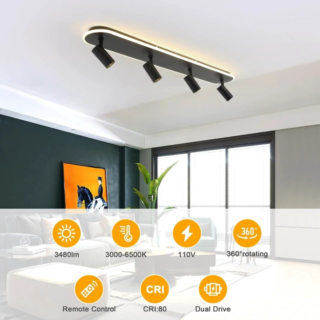 Alt view image 2 of 7 - Jaycomey LED Track Lighting Fixtures Ceiling, 58W Adjustable Ceiling Spotlights with Remote, Dimmable 3000K-6500K Modern Kitchen Ceiling Light for Living Room Bedroom Dining Room Hallway Black