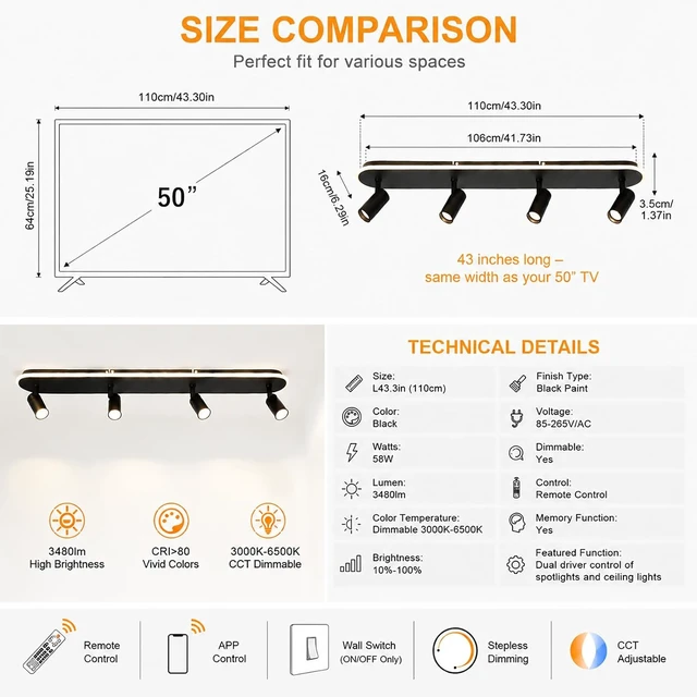 Alt view image 5 of 7 - Jaycomey LED Track Lighting Fixtures Ceiling, 58W Adjustable Ceiling Spotlights with Remote, Dimmable 3000K-6500K Modern Kitchen Ceiling Light for Living Room Bedroom Dining Room Hallway Black