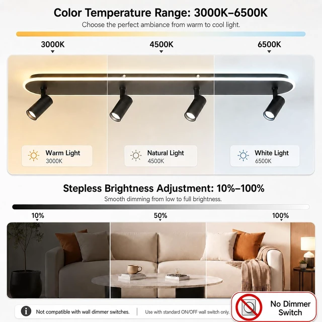 Alt view image 3 of 7 - Jaycomey LED Track Lighting Fixtures Ceiling, 58W Adjustable Ceiling Spotlights with Remote, Dimmable 3000K-6500K Modern Kitchen Ceiling Light for Living Room Bedroom Dining Room Hallway Black