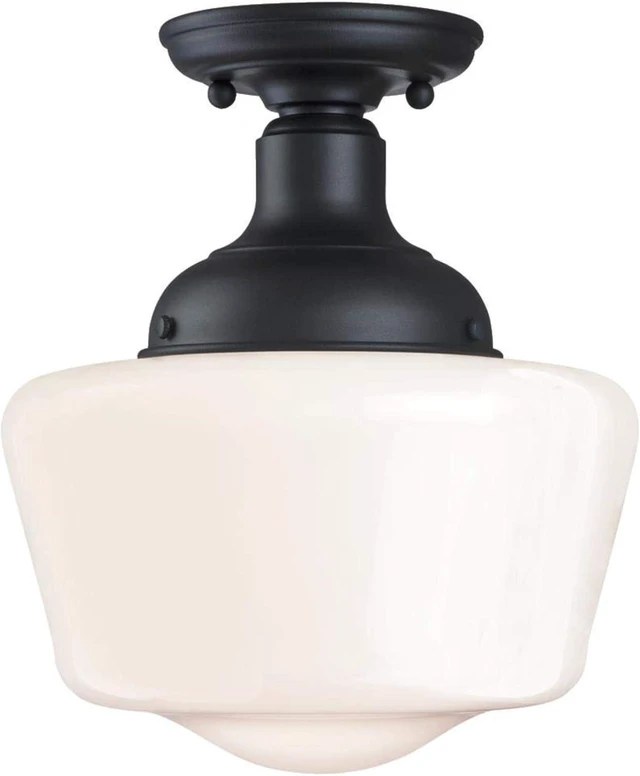 Main image of Westinghouse 6578300 Scholar 9 inch Vintage One-Light Semi-Flush Mount Outdoor Ceiling Light Fixture Textured Black Finish, White Opal Glass
