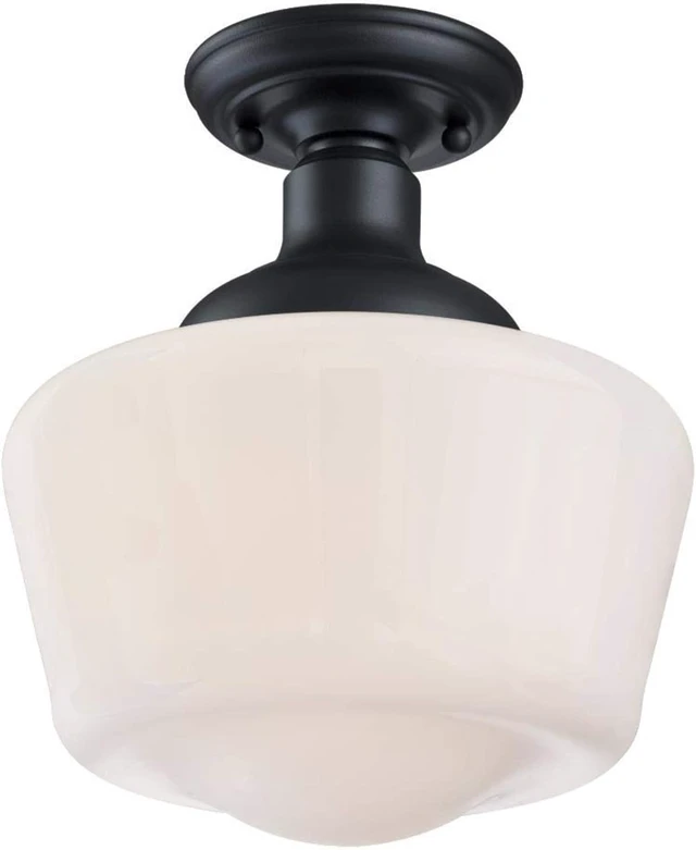 Alt view image 5 of 6 - Westinghouse 6578300 Scholar 9 inch Vintage One-Light Semi-Flush Mount Outdoor Ceiling Light Fixture Textured Black Finish, White Opal Glass
