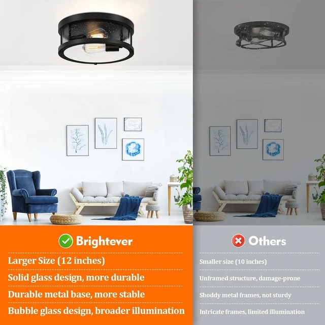 Alt view image 2 of 7 - Black Flush Mount Ceiling Light Fixture, Farmhouse Light Fixture with Seeded Glass Lampshade, 2-Light Industrial Close to Ceiling Lighting for Hallway, Kitchen, Entryway, Foyer(Bulb Not Included)