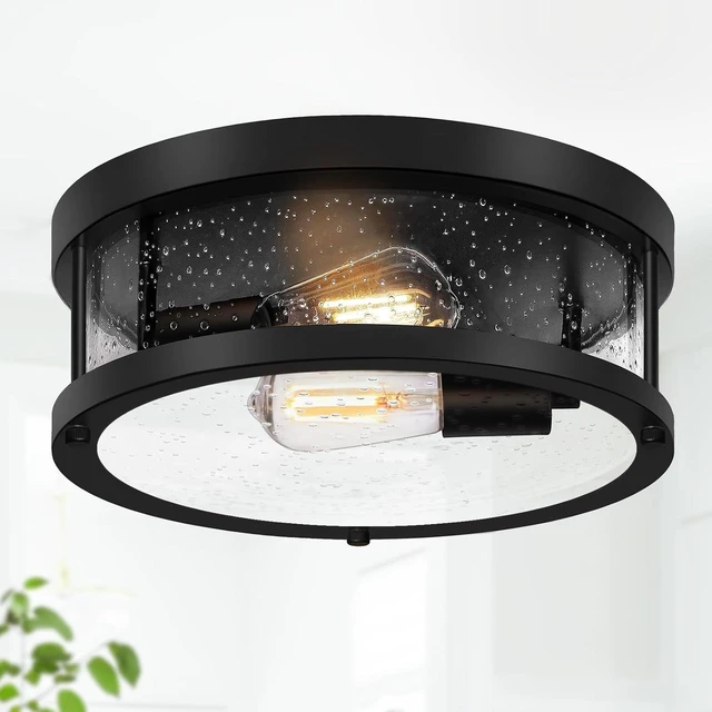Main image of Black Flush Mount Ceiling Light Fixture, Farmhouse Light Fixture with Seeded Glass Lampshade, 2-Light Industrial Close to Ceiling Lighting for Hallway, Kitchen, Entryway, Foyer(Bulb Not Included)