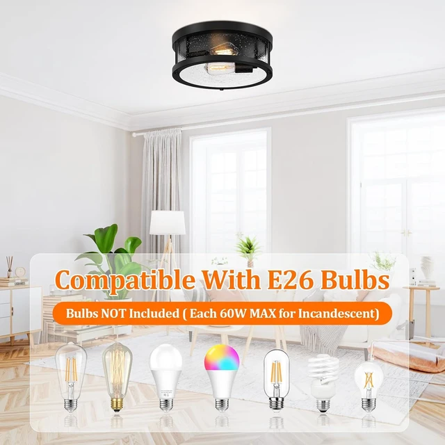 Alt view image 4 of 7 - Black Flush Mount Ceiling Light Fixture, Farmhouse Light Fixture with Seeded Glass Lampshade, 2-Light Industrial Close to Ceiling Lighting for Hallway, Kitchen, Entryway, Foyer(Bulb Not Included)