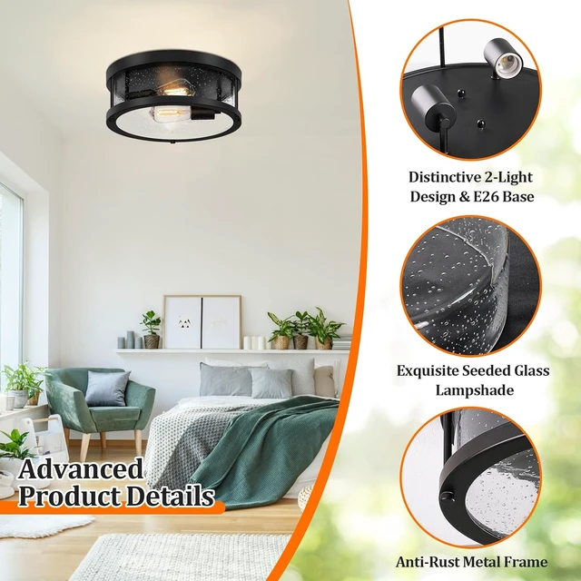 Alt view image 5 of 7 - Black Flush Mount Ceiling Light Fixture, Farmhouse Light Fixture with Seeded Glass Lampshade, 2-Light Industrial Close to Ceiling Lighting for Hallway, Kitchen, Entryway, Foyer(Bulb Not Included)