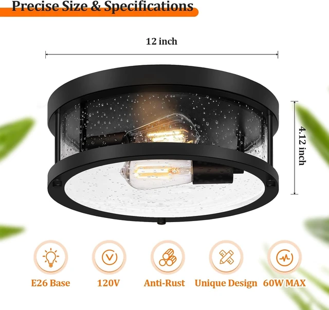 Alt view image 6 of 7 - Black Flush Mount Ceiling Light Fixture, Farmhouse Light Fixture with Seeded Glass Lampshade, 2-Light Industrial Close to Ceiling Lighting for Hallway, Kitchen, Entryway, Foyer(Bulb Not Included)