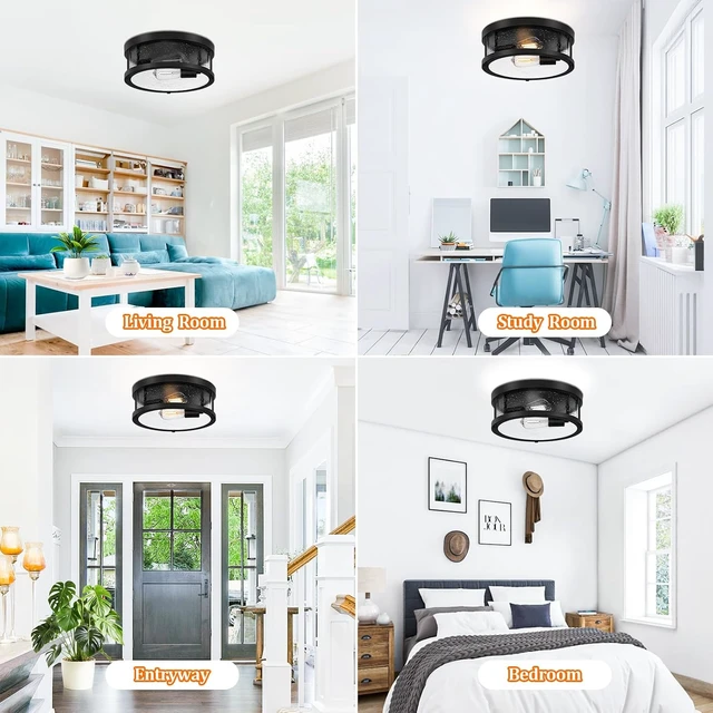 Alt view image 7 of 7 - Black Flush Mount Ceiling Light Fixture, Farmhouse Light Fixture with Seeded Glass Lampshade, 2-Light Industrial Close to Ceiling Lighting for Hallway, Kitchen, Entryway, Foyer(Bulb Not Included)