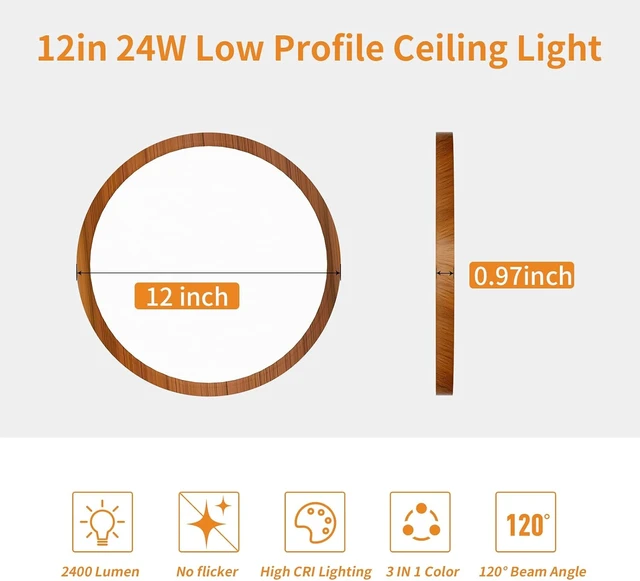 Alt view image 4 of 7 - Flush Mount Ceiling Light Fixture Walnut Grain 12 Inch 24W 2Pcs