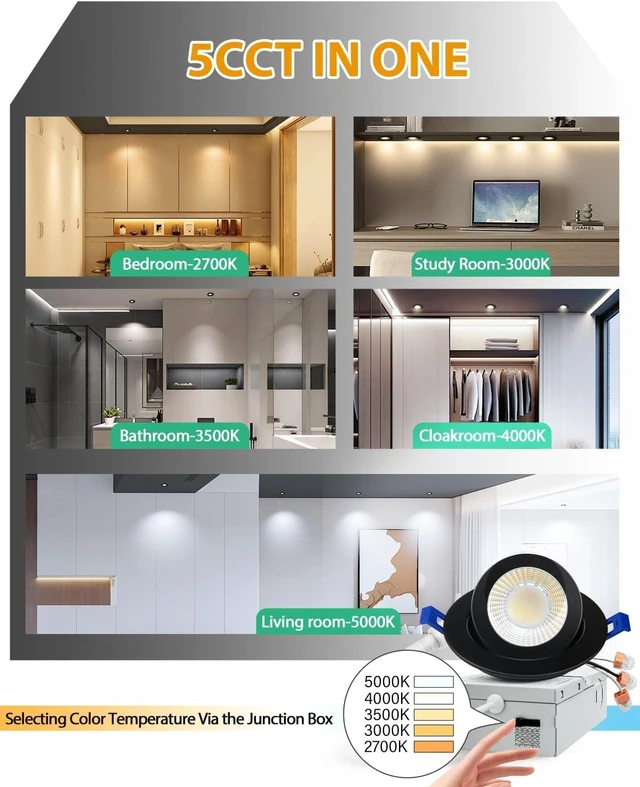 Alt view image 3 of 7 - zouzai 3 Inch Gimbal LED Recessed Lights, 5CCT, 7W 800LM, Black 6 Pack