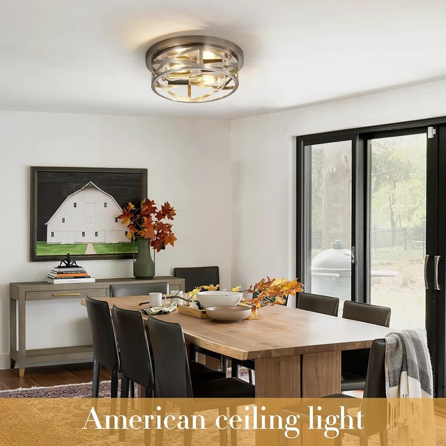 Alt view image 5 of 7 - Close to Ceiling Light Fixtures, 2-Light Brushed Nickle Flush Mount Ceiling Light, 11 Inch Metal Cage Cross Modern Indoor House Ceiling Lights for Kitchen Bedroom Living Room Foyer Hallway Office